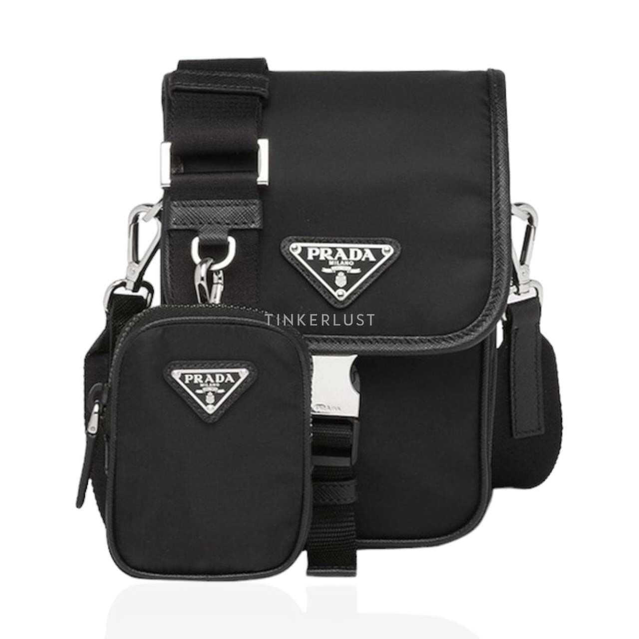 Prada Triangle Logo Flap Square Shoulder Bag in Black Re-Nylon x Saffiano Leather with Pouch