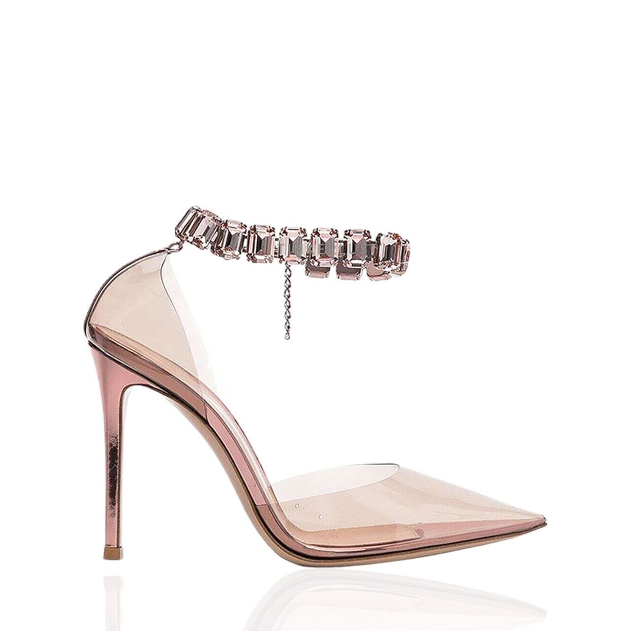 Gianvito Rossi Plexi Ankle Strap Pumps Peach with Crystals Heels