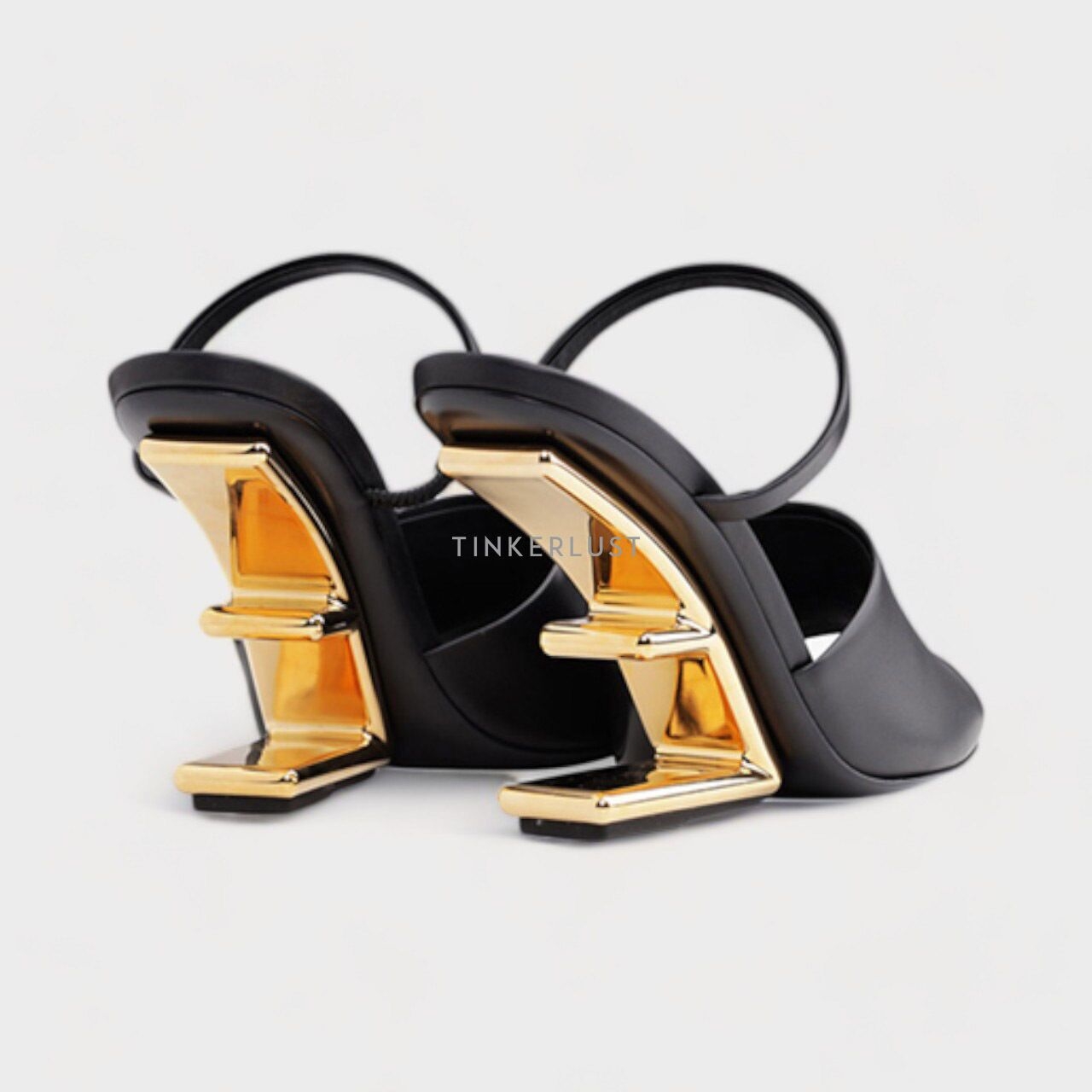 FENDI Women First Open Toe Sandals 105mm in Black Leather with Diagonal F-Shaped Heels