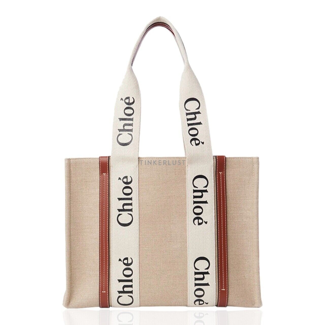 Chloe Medium Woody Tote Bag in White/Brown Linen Canvas x Shiny Calfskin Satchel