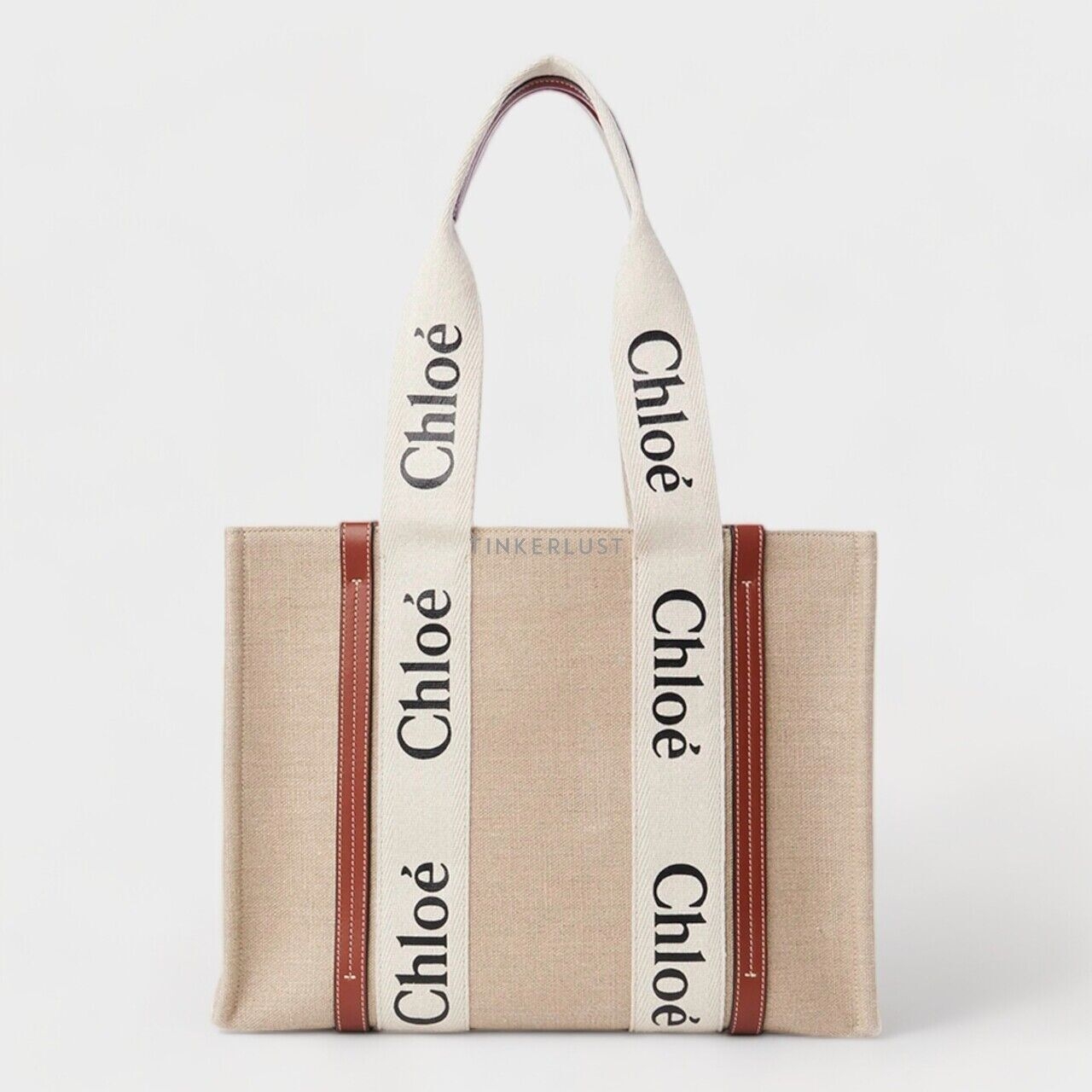 Chloe Medium Woody Tote Bag in White/Brown Linen Canvas x Shiny Calfskin Satchel
