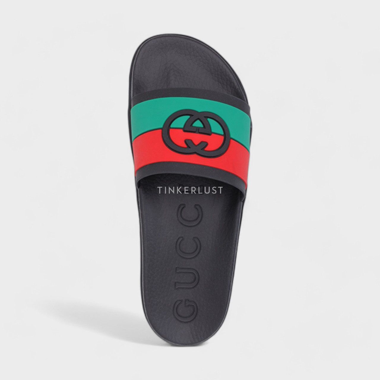 Gucci Men Interlocking G Slides in Black with Red/Green Striped