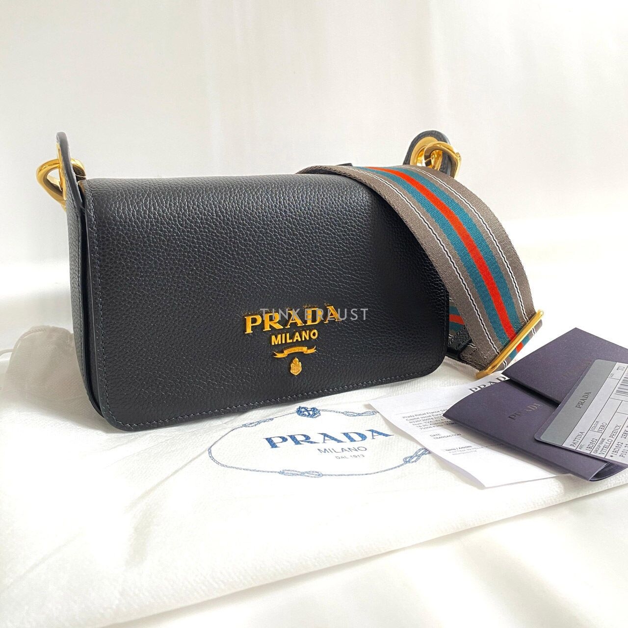 Prada 1BD352 Camera Flap Bag Nero Pattina Vitello Phenix Sling Bag 