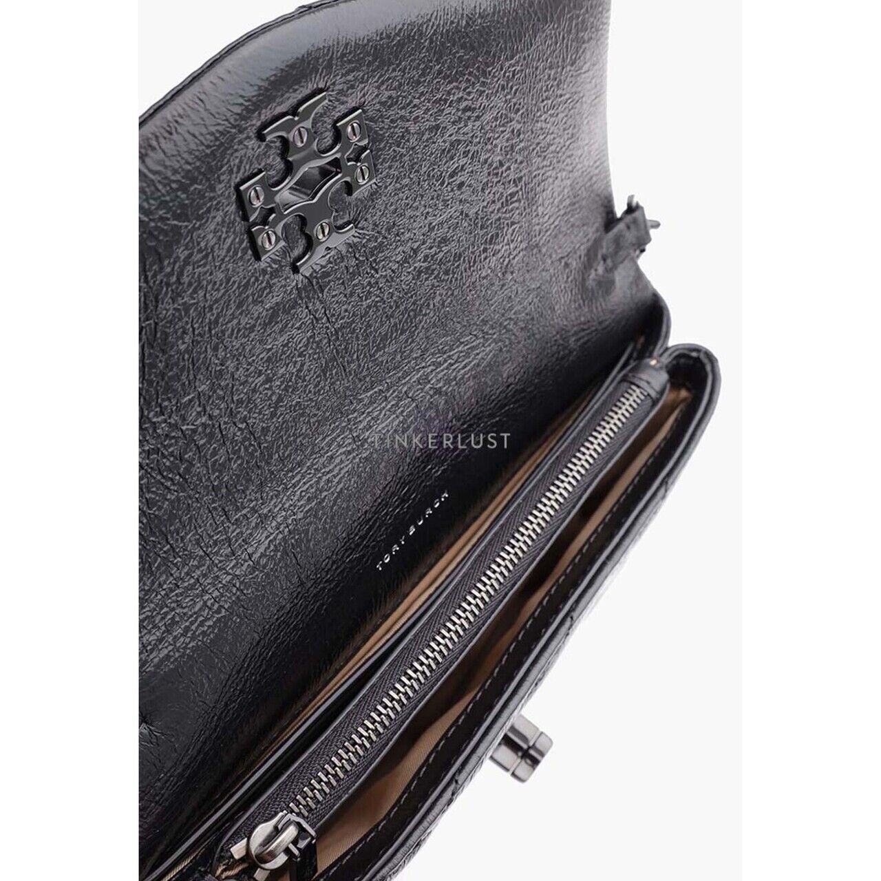 Tory Burch Kira Chevron Metallic Pave Logo Wallet Chain Black Sling Bag