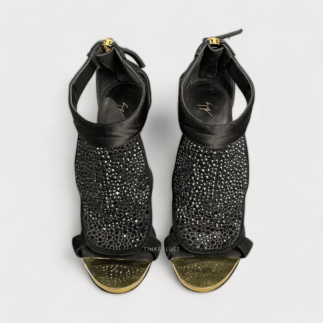 Giuseppe Zanotti Black Satin and Suede Crystal Embellished Ankle Strap Heels