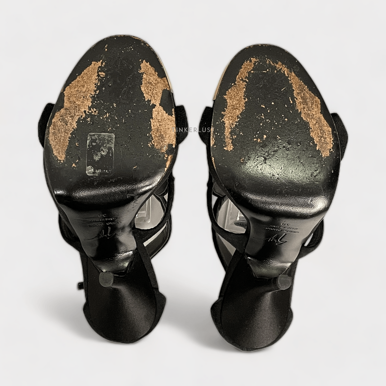 Giuseppe Zanotti Black Satin and Suede Crystal Embellished Ankle Strap Heels