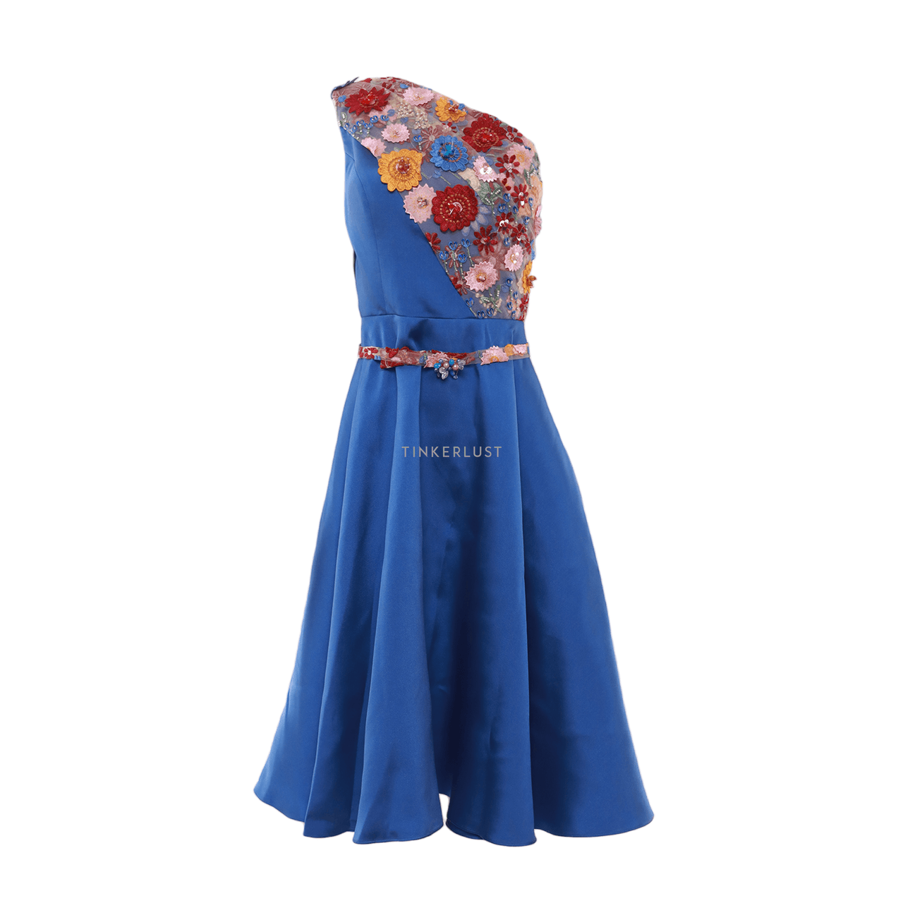 Indah Kwok Blue One Shoulder Midi Dress with Belt