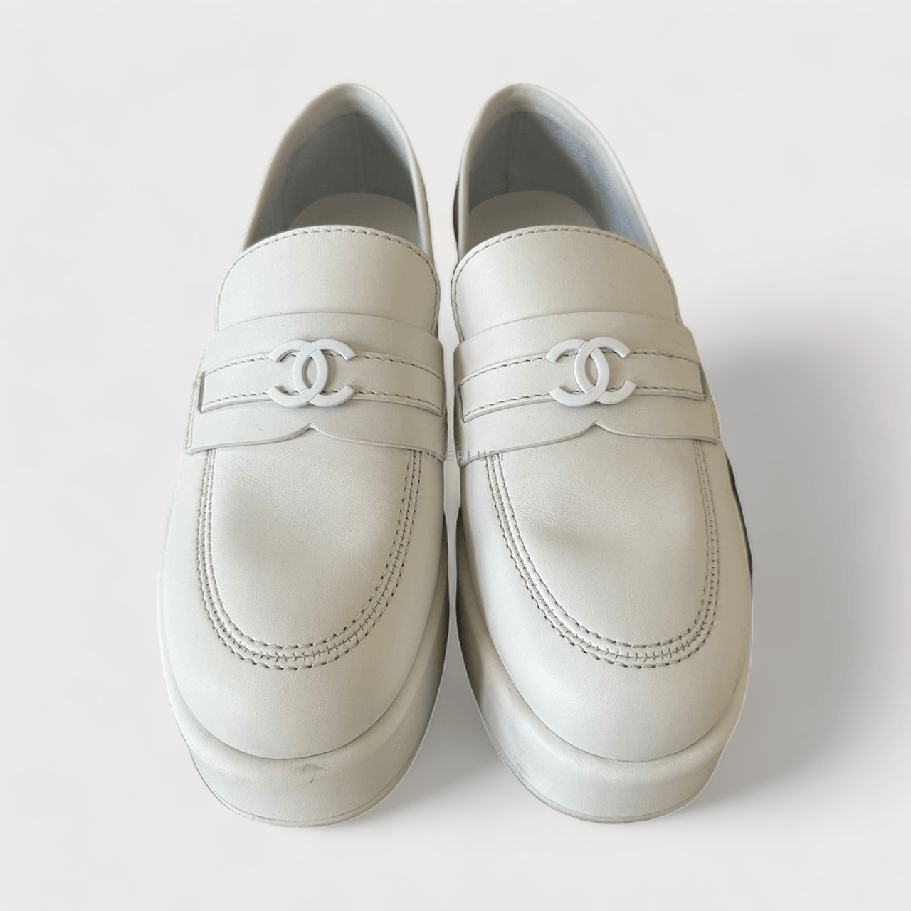 Chanel White Leather CC Platform Loafers Flats
