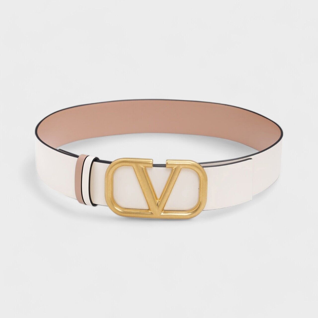 Valentino Reversible in Light Ivory/Rose Cannelle Leather with VLogo Buckle Belt
