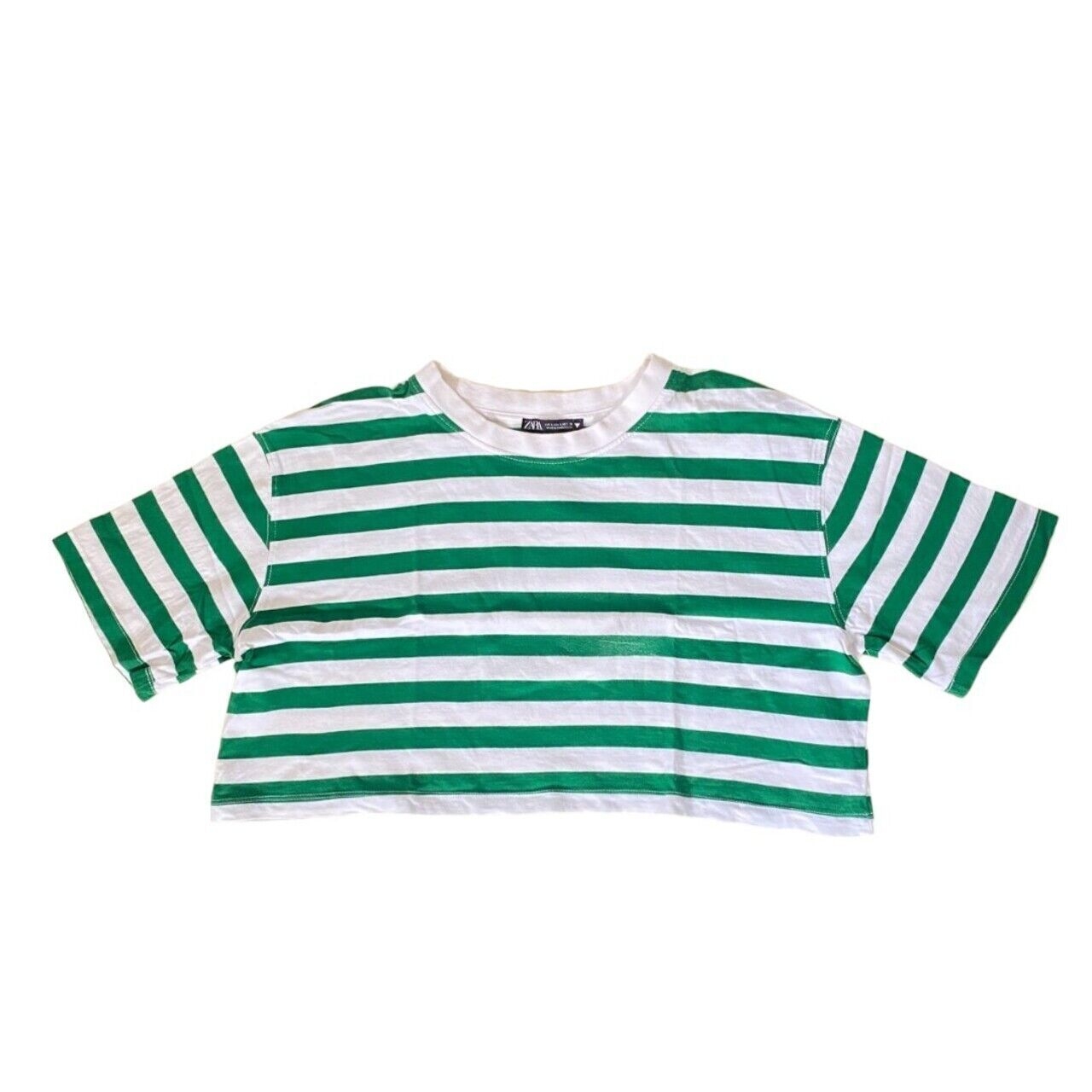 Zara Green & White Stripes Cropped T-Shirt