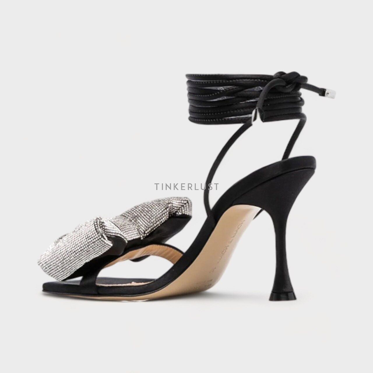 MACH & MACH Nicole Puffed Bow Ankle Tie Sandals 95mm in Black
