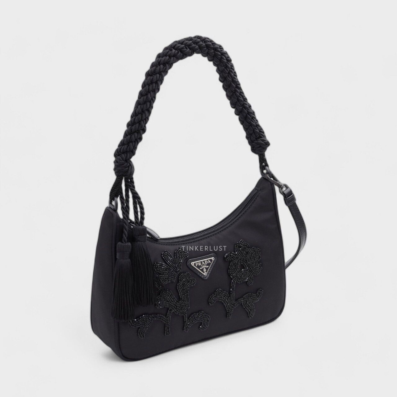 Prada Mini Triangle Logo Hobo Bag in Black Re-Nylon with Decorative Trim Satche