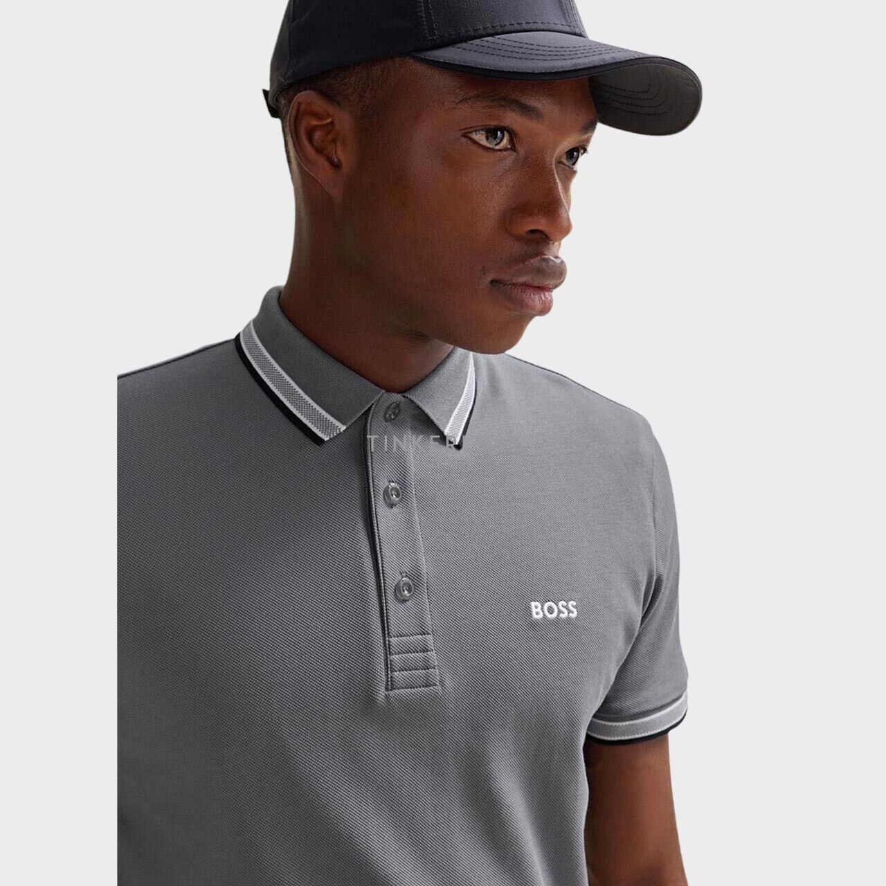 Hugo Boss Men Paddy Organic-Cotton Regular Fit Polo Shirt in Grey with Contrast Logo Details