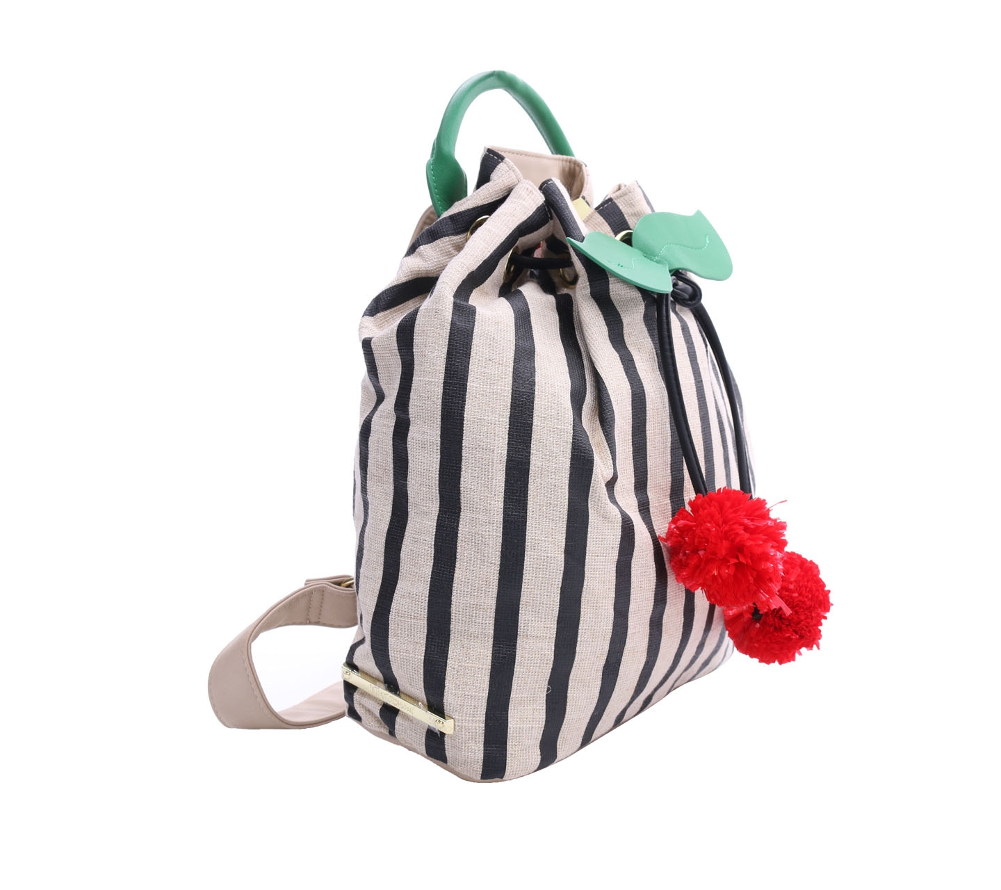 Betsey Johnson Cream & Black Striped Cherry Pom Pom Backpack