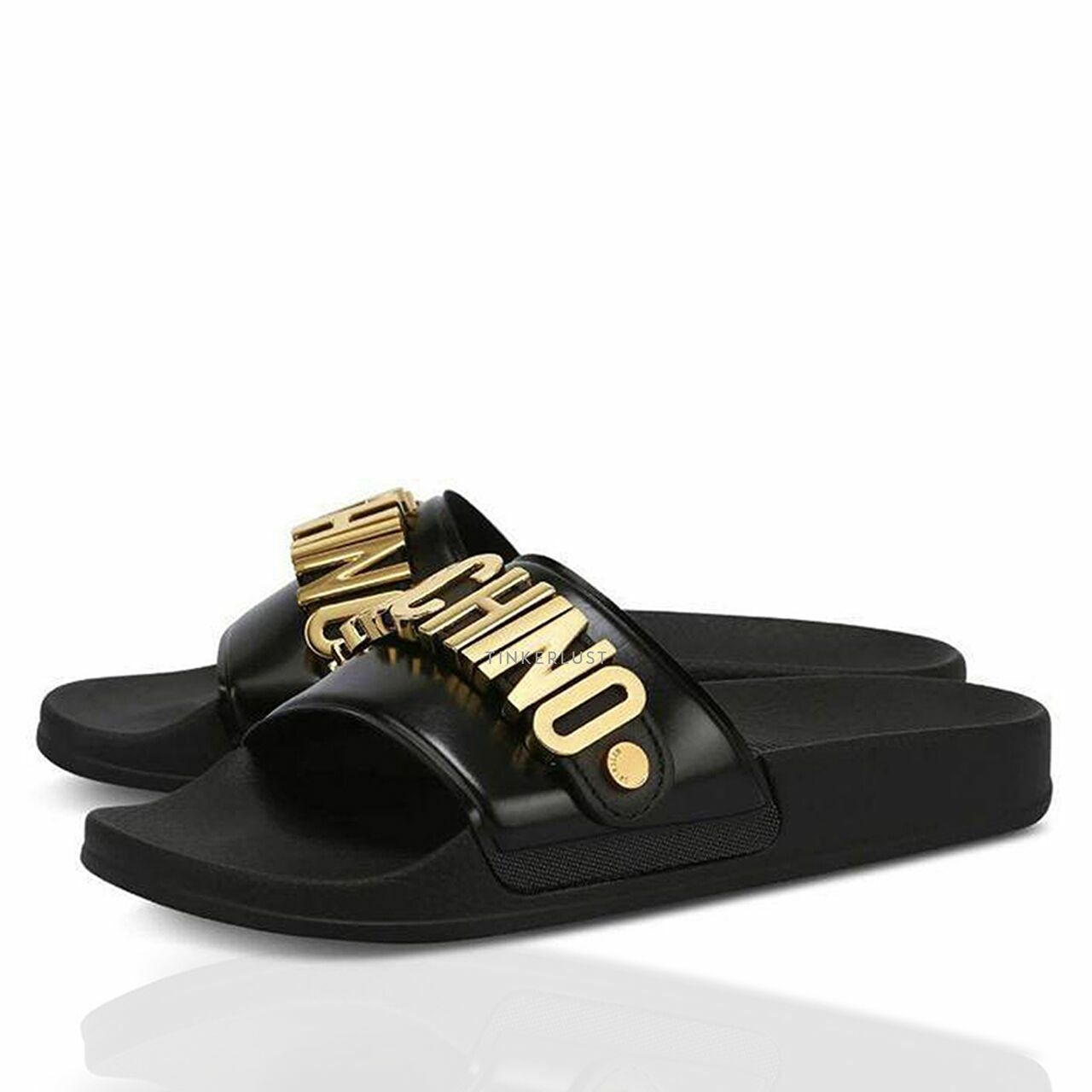 Moschino Metal Gold Logo In Black Sandal Slide  