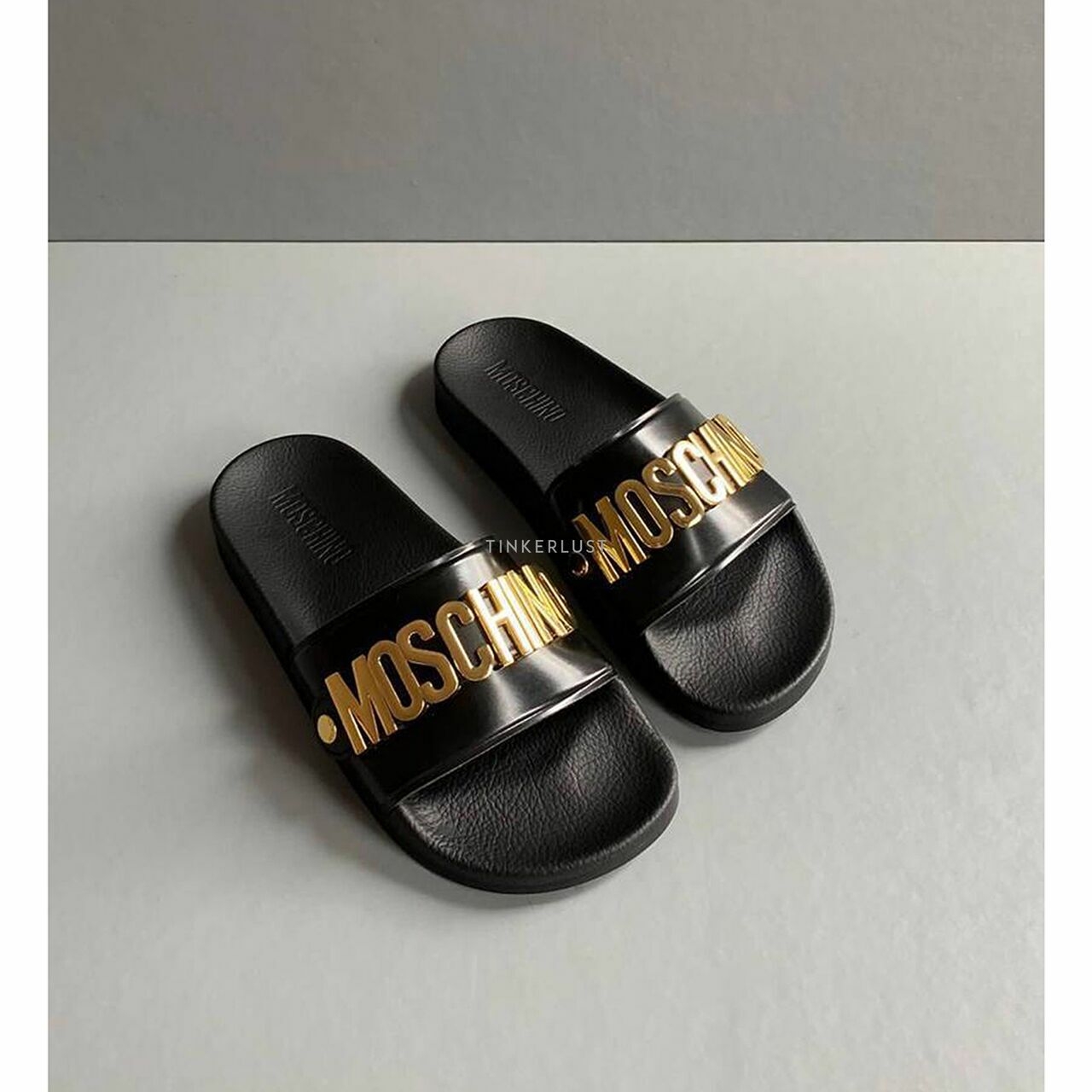 Moschino Metal Gold Logo In Black Sandal Slide  
