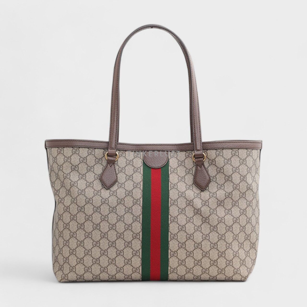 Gucci Medium GG Supreme Ophidia Tote Bag in Beige/Ebony with Green/Red Web