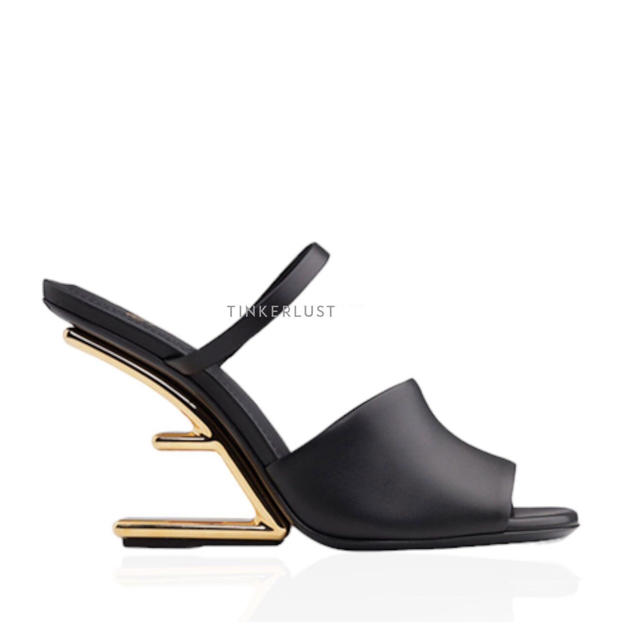 FENDI Women First Open Toe Sandals 65mm in Black Leather with Diagonal F-Shaped Heels