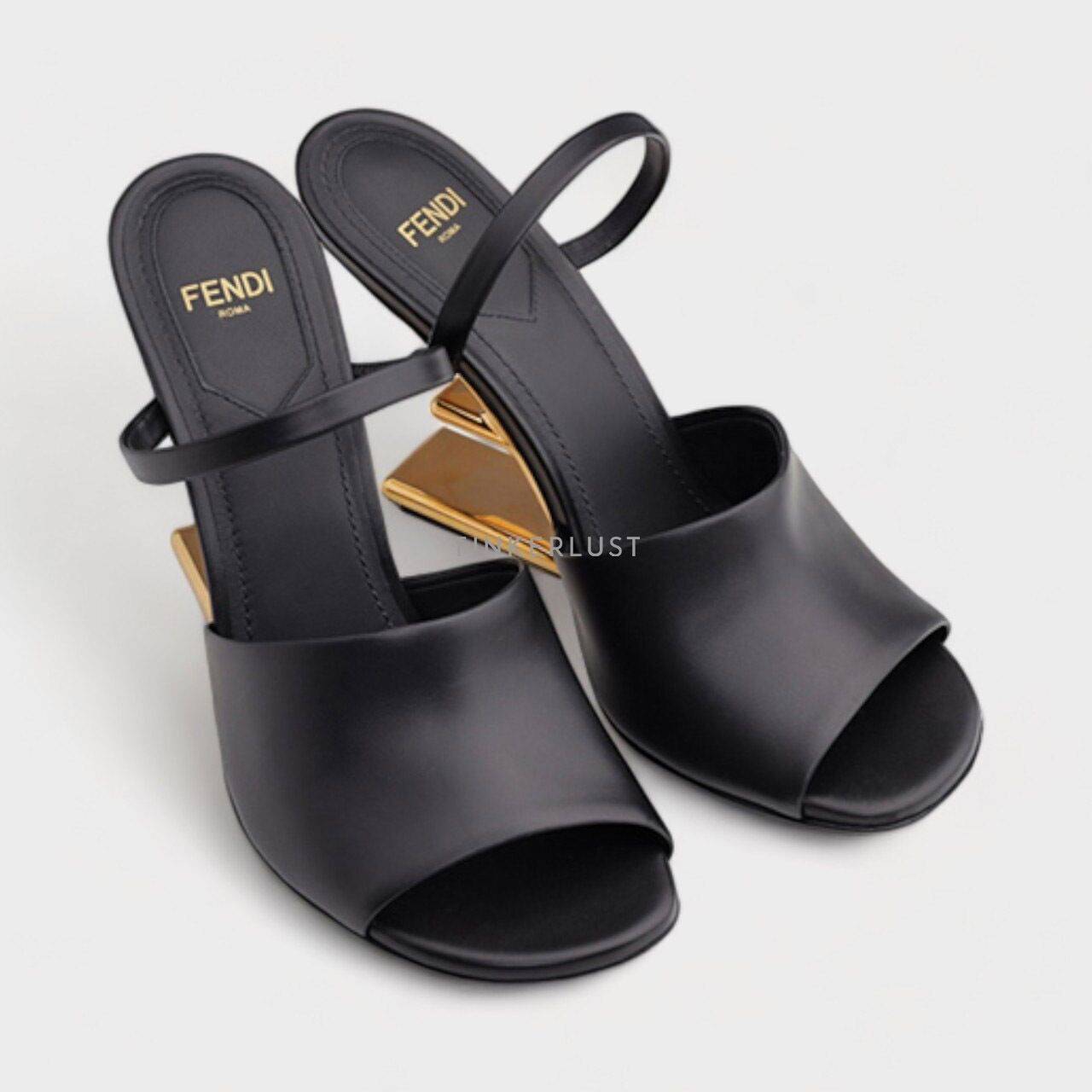 FENDI Women First Open Toe Sandals 65mm in Black Leather with Diagonal F-Shaped Heels