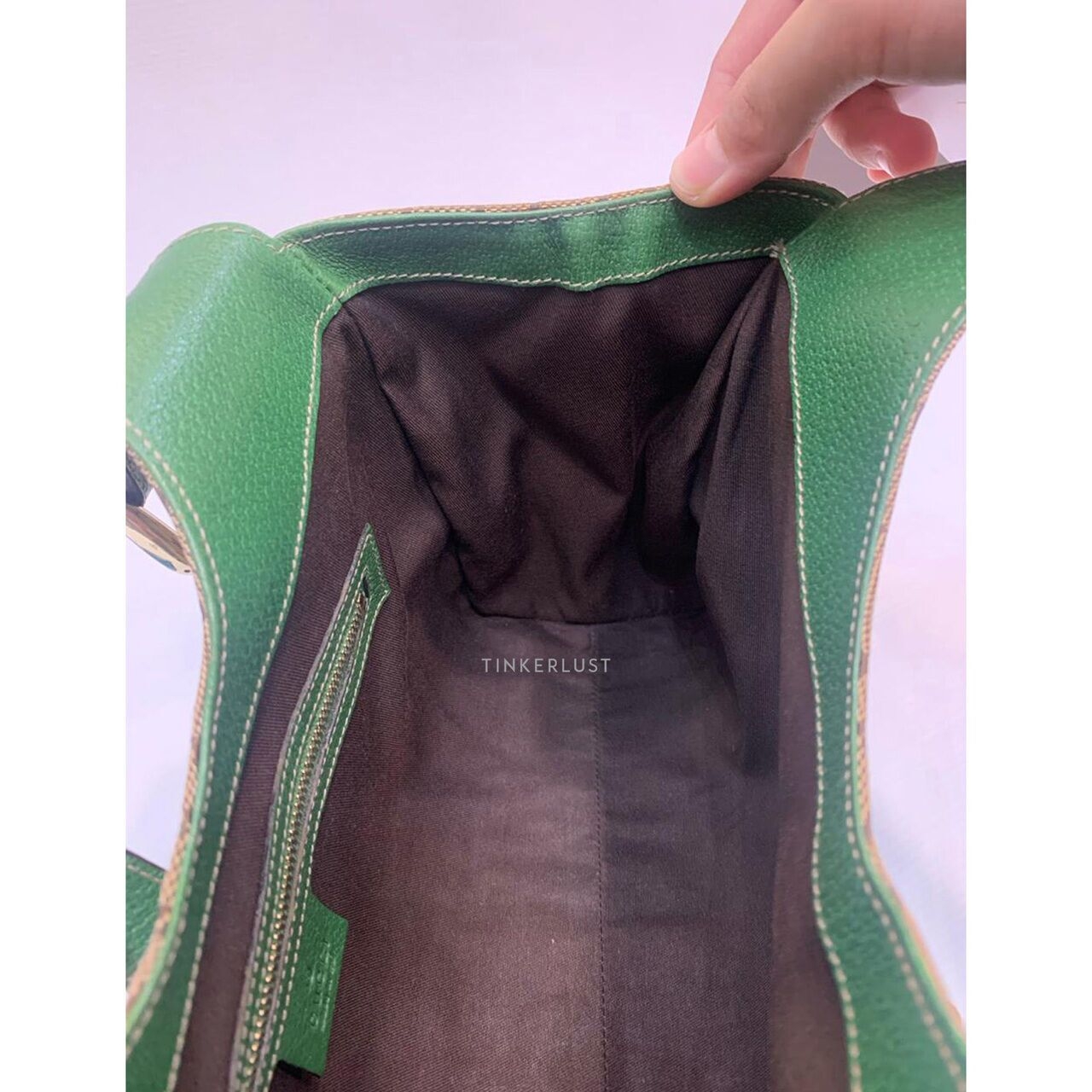 Gucci Bardot Vintage Canvas Green Leather Handbag 