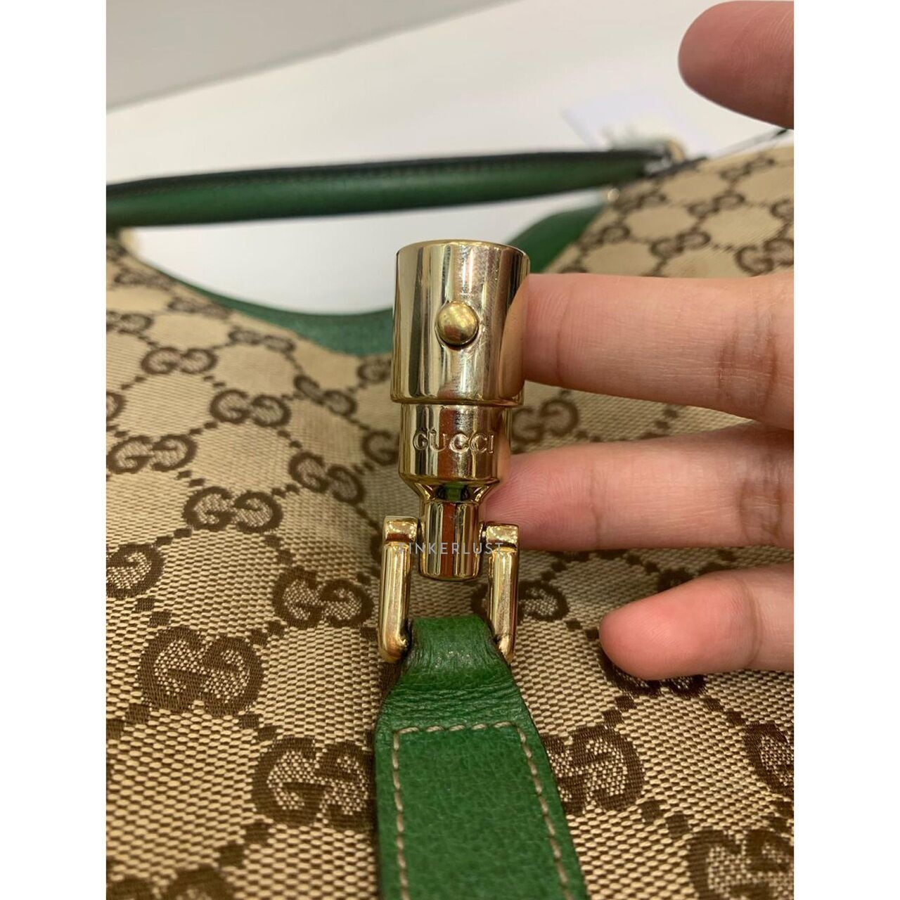 Gucci Bardot Vintage Canvas Green Leather Handbag 