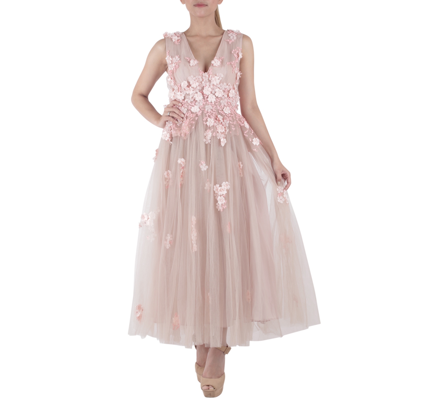 Andhita Siswandi Pink Applique witht Fringe Cape Long Dress