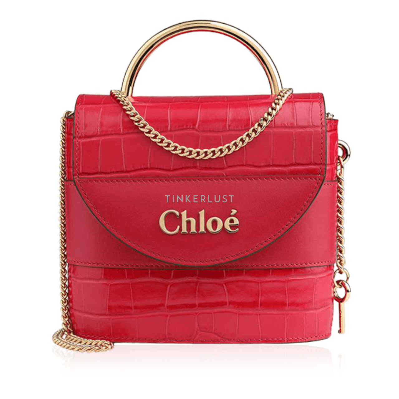 Chloe Small Abylock Top Handle Bag in Crimson Pink Croco Leather with Chain Strap Satchel