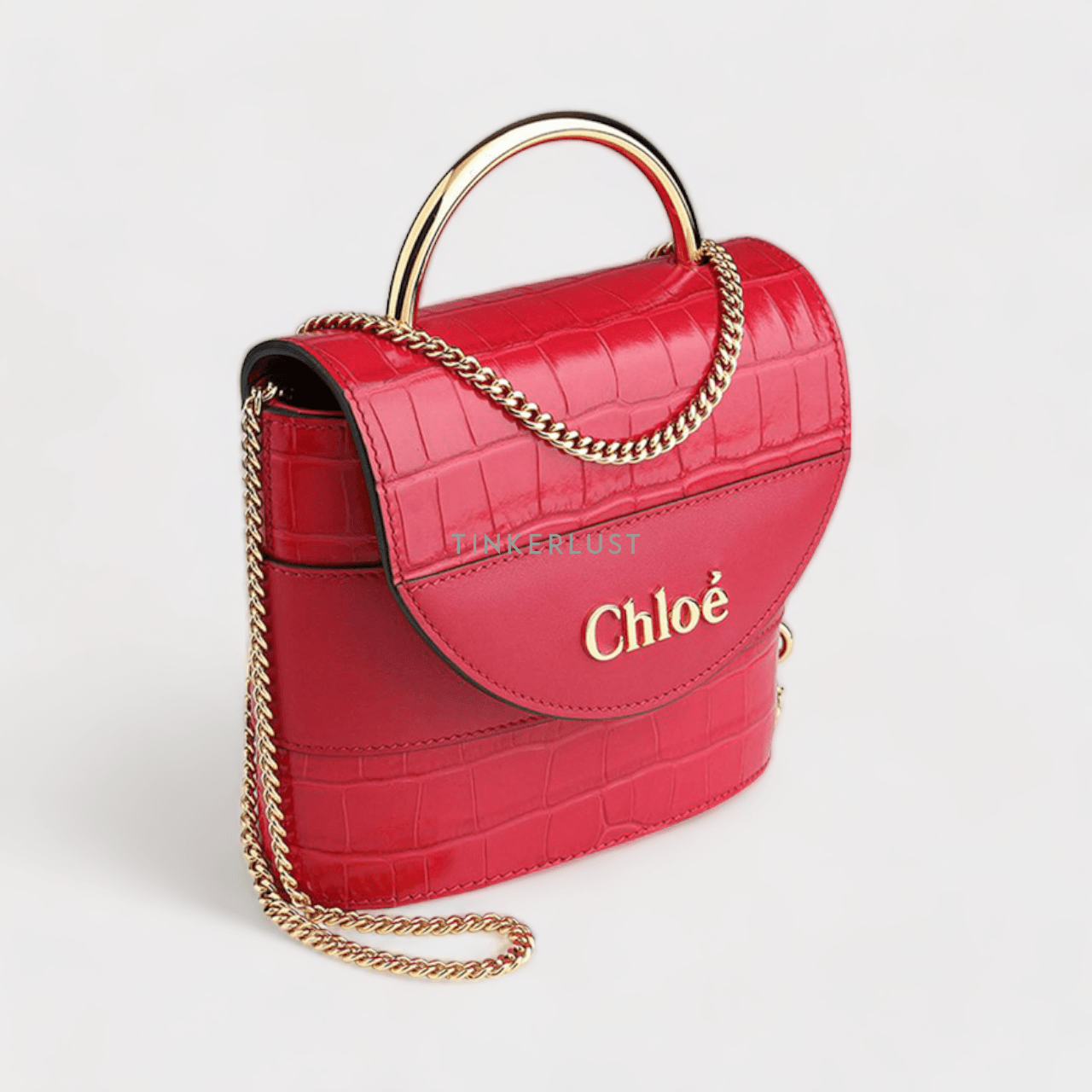 Chloe Small Abylock Top Handle Bag in Crimson Pink Croco Leather with Chain Strap Satchel