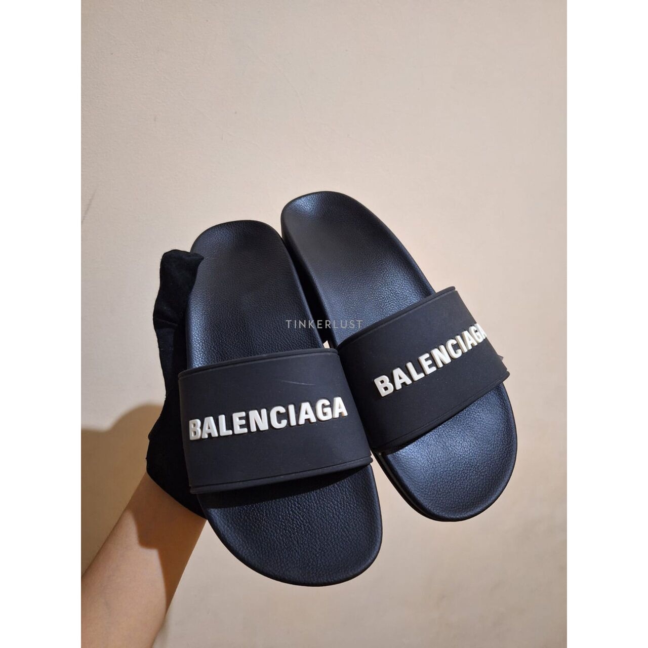 Balenciaga Pool Wedges Black Women White Logo Sandals 
