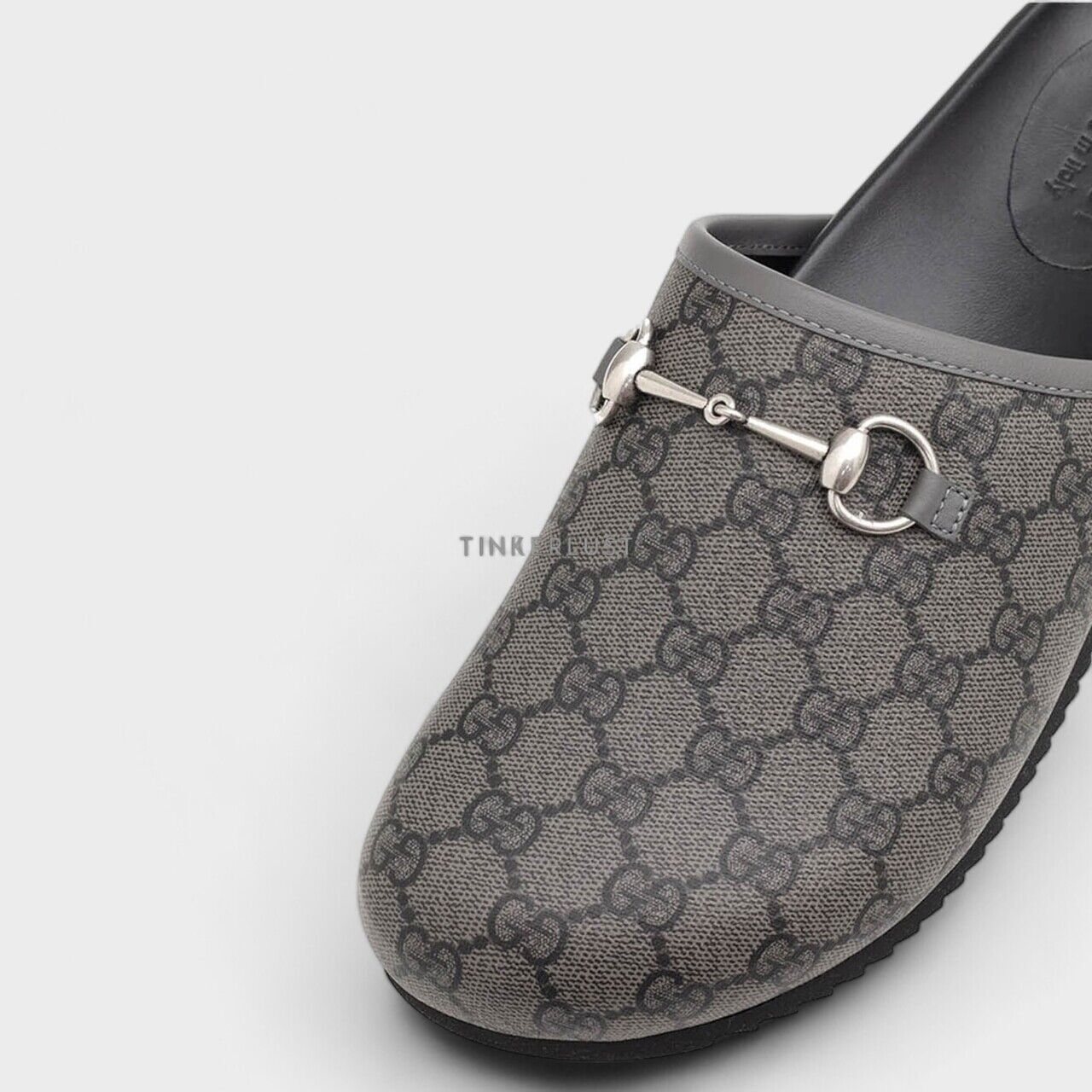 Gucci Men GG Supreme Mules in Grey/Black with Horsebit Sandals