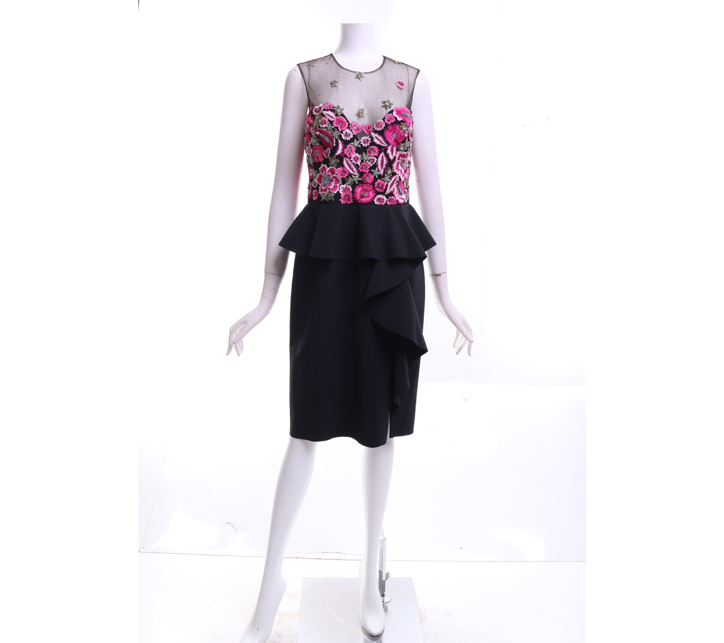 Marchesa Notte Black Embellished Tulle And Stretch-Ponte Dress Midi Dress