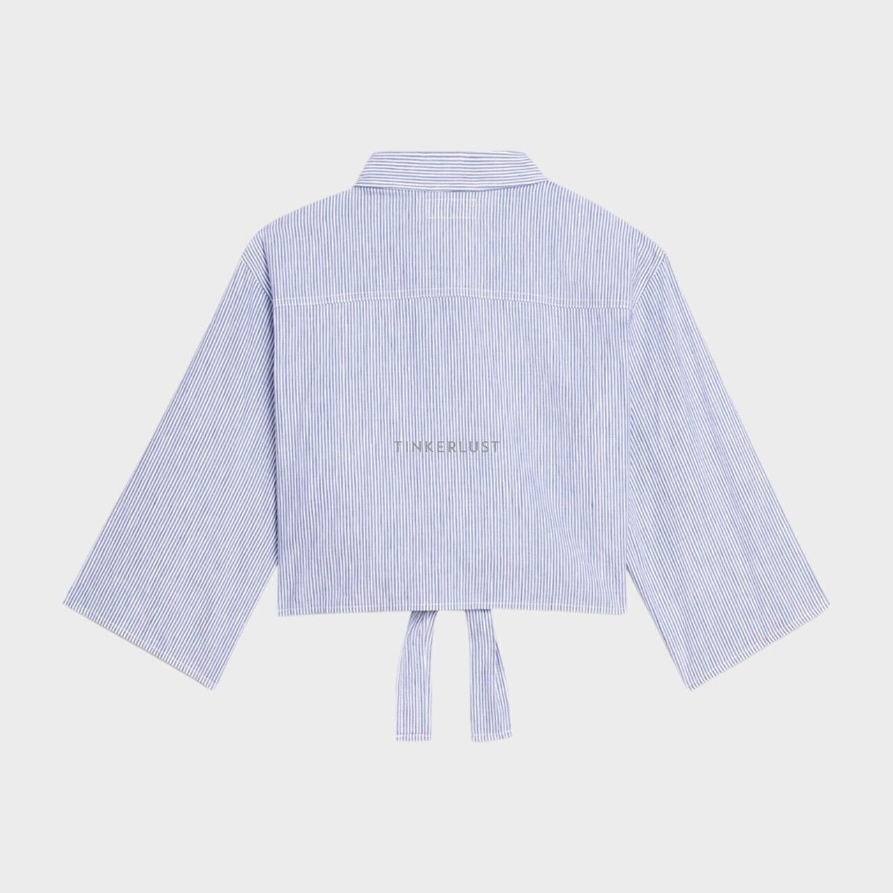 Celine Women Knotted Crop Shirt in Blanc/Marine Linen x Cotton with T Sleeves