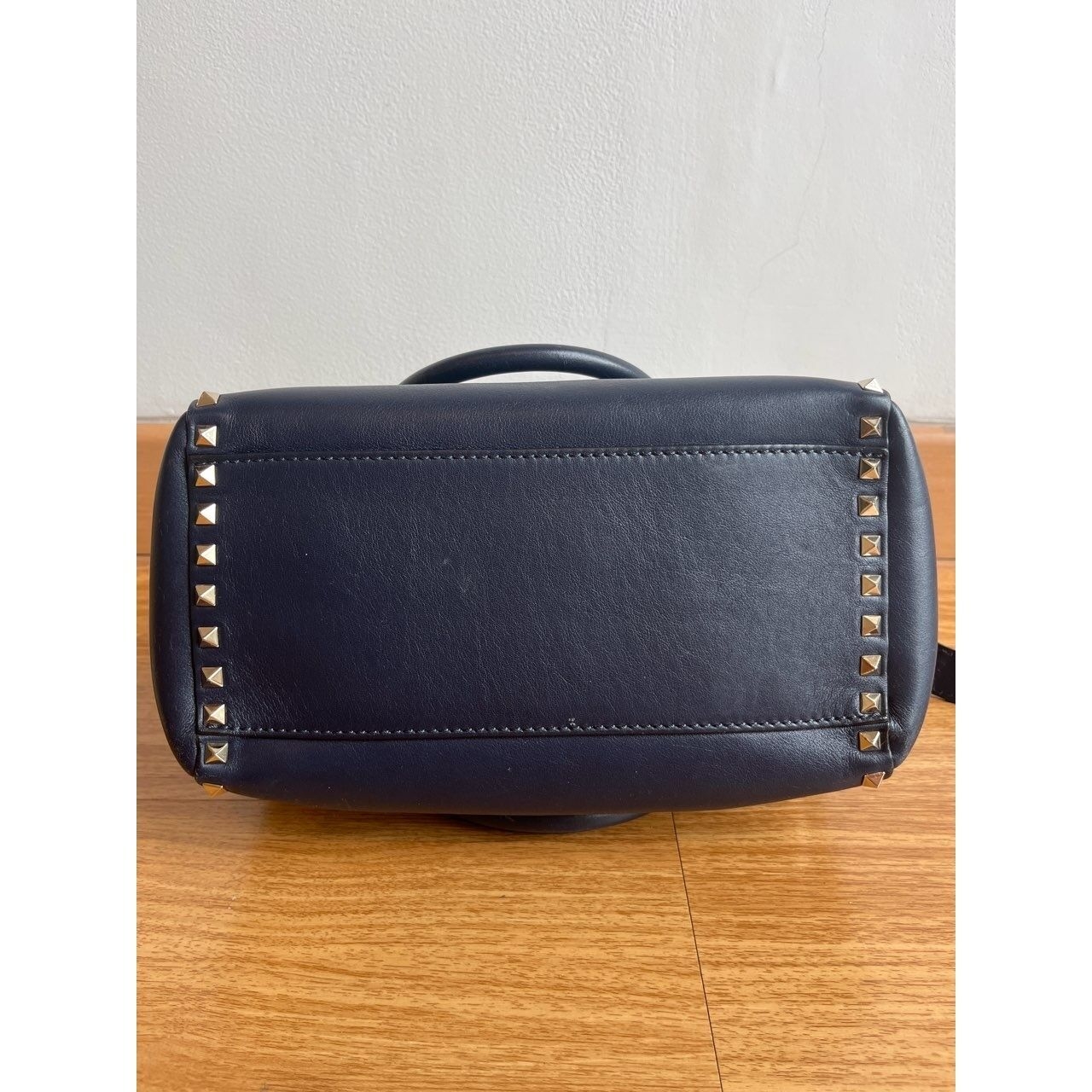 Valentino Garavani Vitello Rockstud Double Handle Dark Blue Handbag