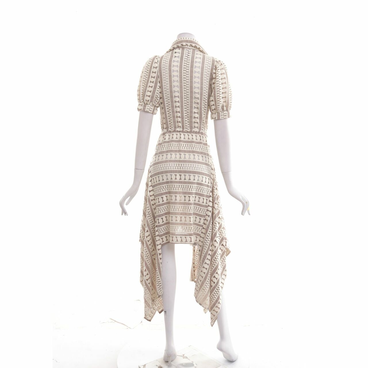Barli Asmara Cream & Taupe Stripes Lace Asymmetric Midi Dress