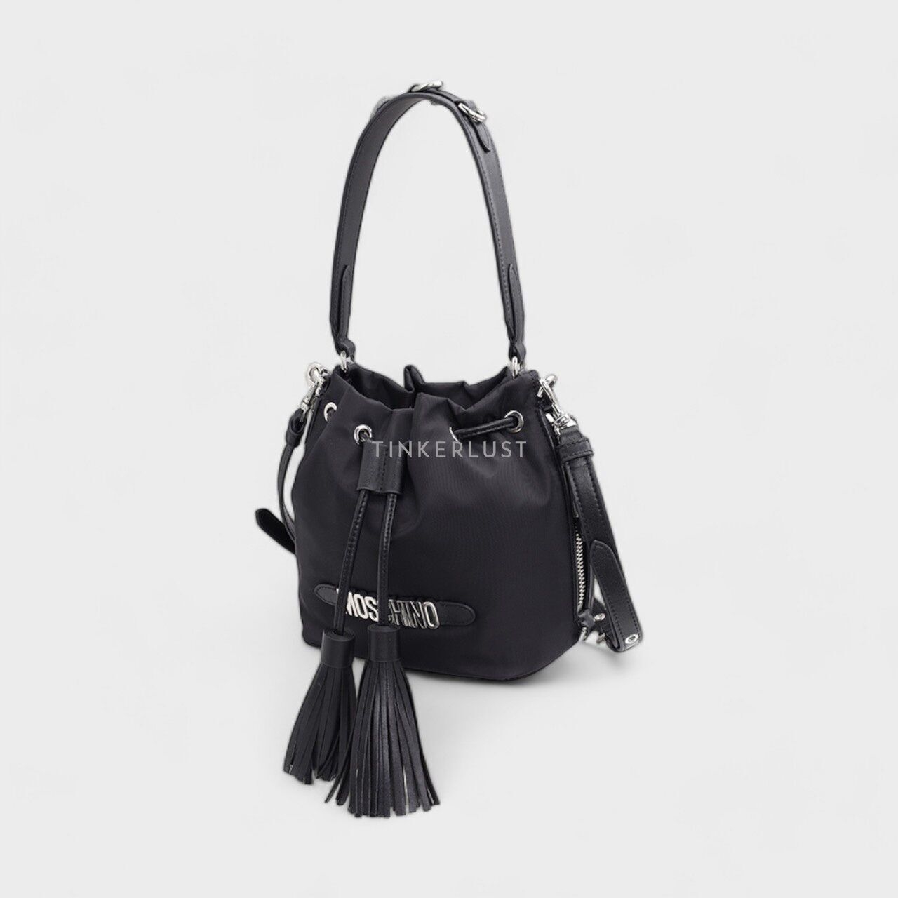 Moschino Mini Lettering Logo Bucket Bag in Black SHW with Tassels Satchel