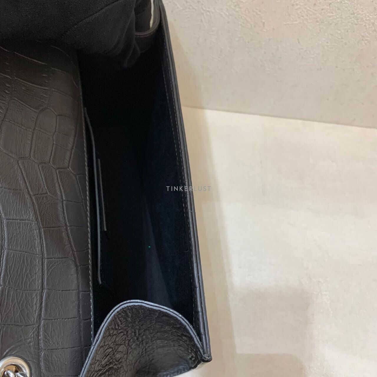 Saint Laurent Kate Tassel in Taupe Grey Croc Stamped SHW  2017 Sling Bag