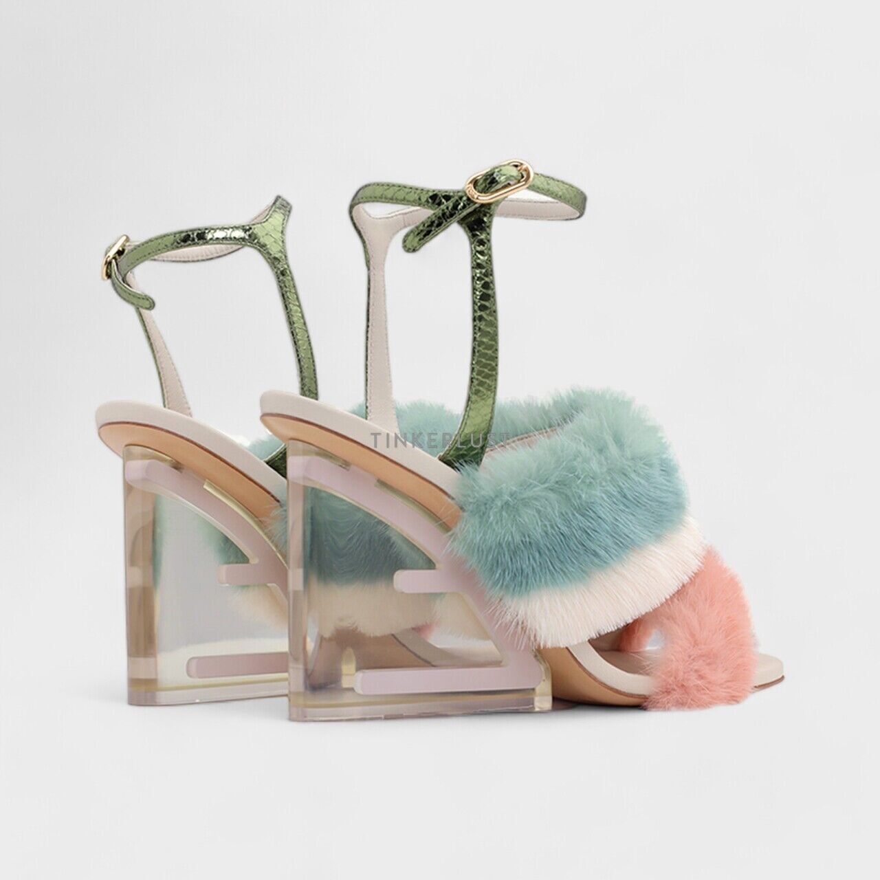 Fendi First Ankle Strap Sandals 95mm Pink/White/Teal Mink Heels