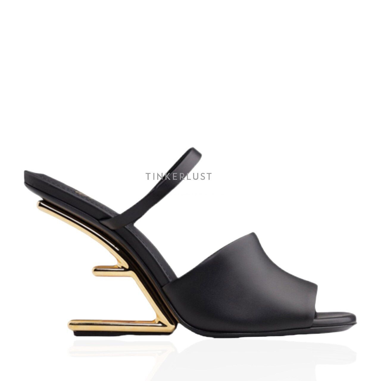 Fendi Women First Open Toe Sandals 65mm in Black Leather with Diagonal F-Shaped Heels