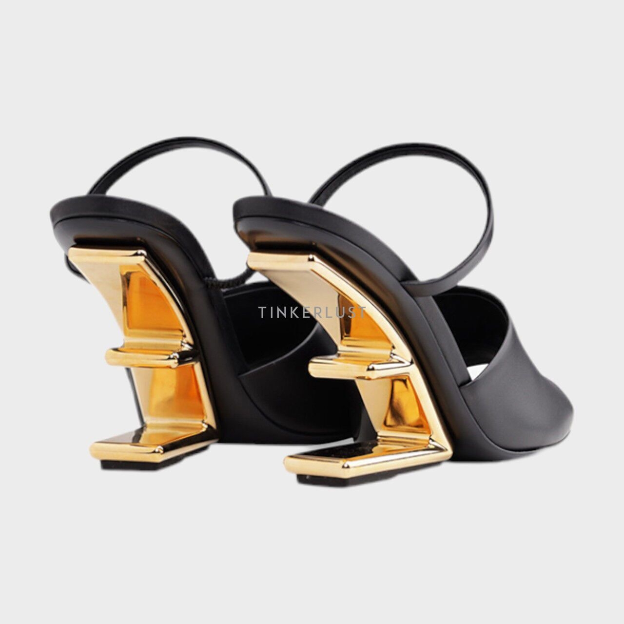 Fendi Women First Open Toe Sandals 65mm in Black Leather with Diagonal F-Shaped Heels