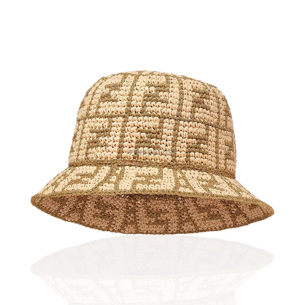 Fendi All Over FF Logo Bucket Hat in Natural/Gold Raffia