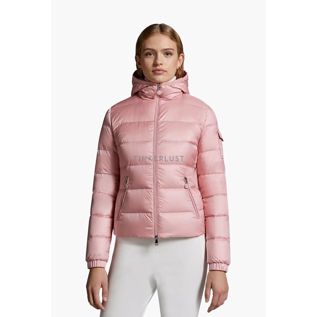 Moncler Women The Gles Short Down Jacket in Pink with Hoodie
