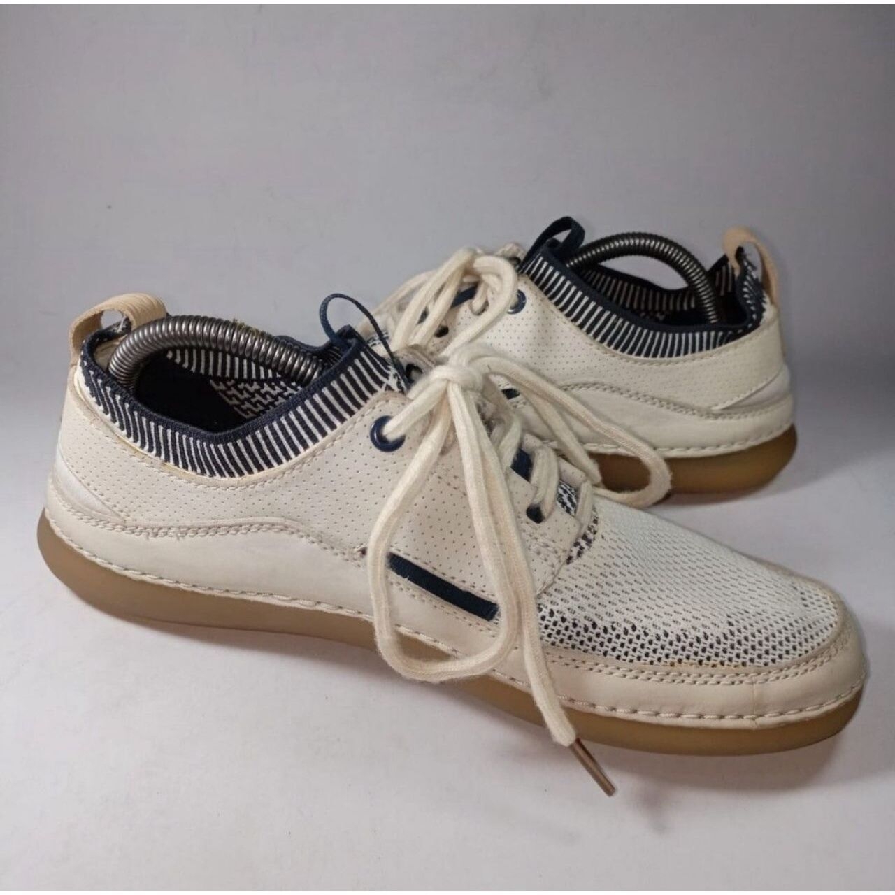 Clarks Nature White Cream Leather Textile Lace Up Casual Comfort