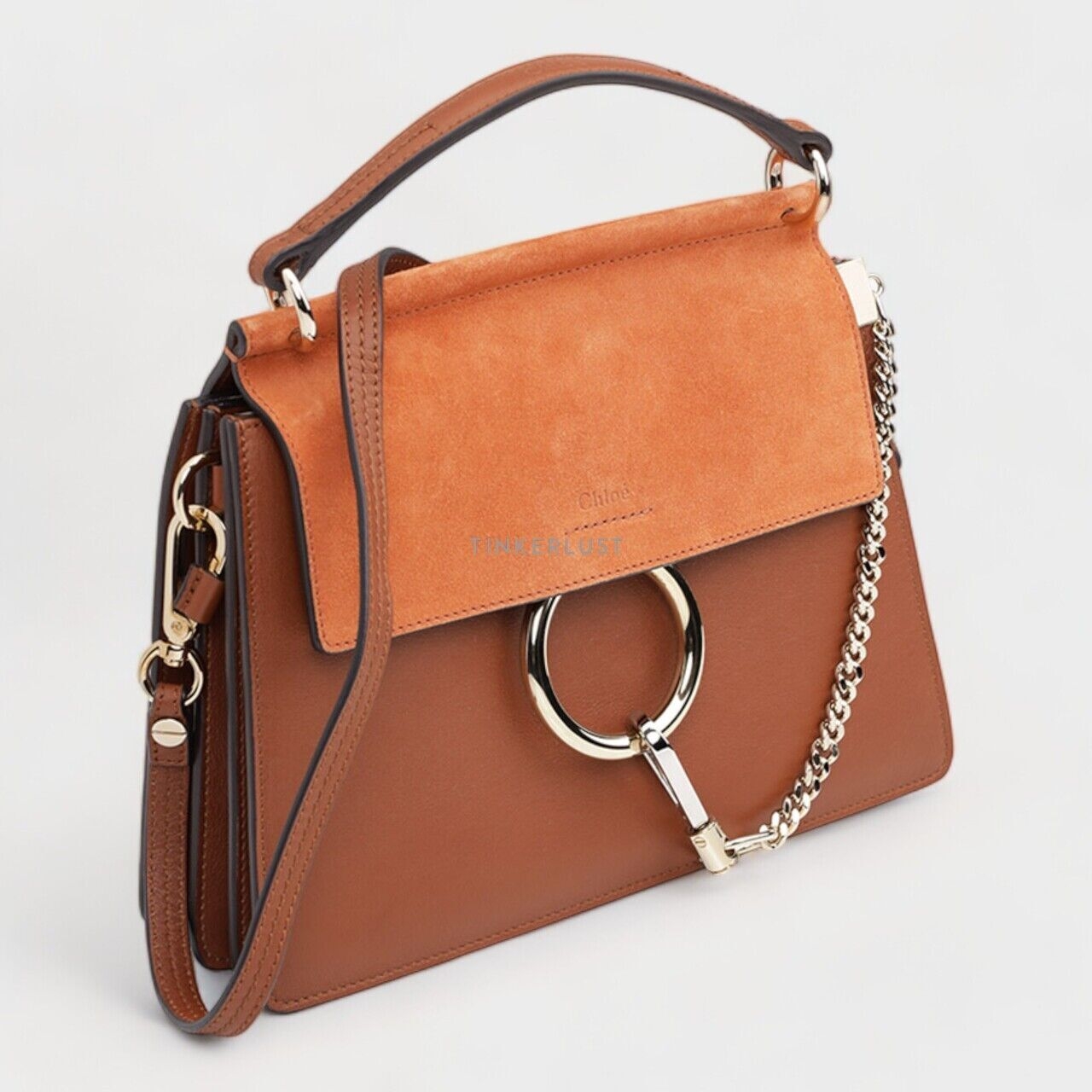 Chloe Small Faye Top Handle Bag in Classic Tobacco Smooth Leather x Suede Satchel