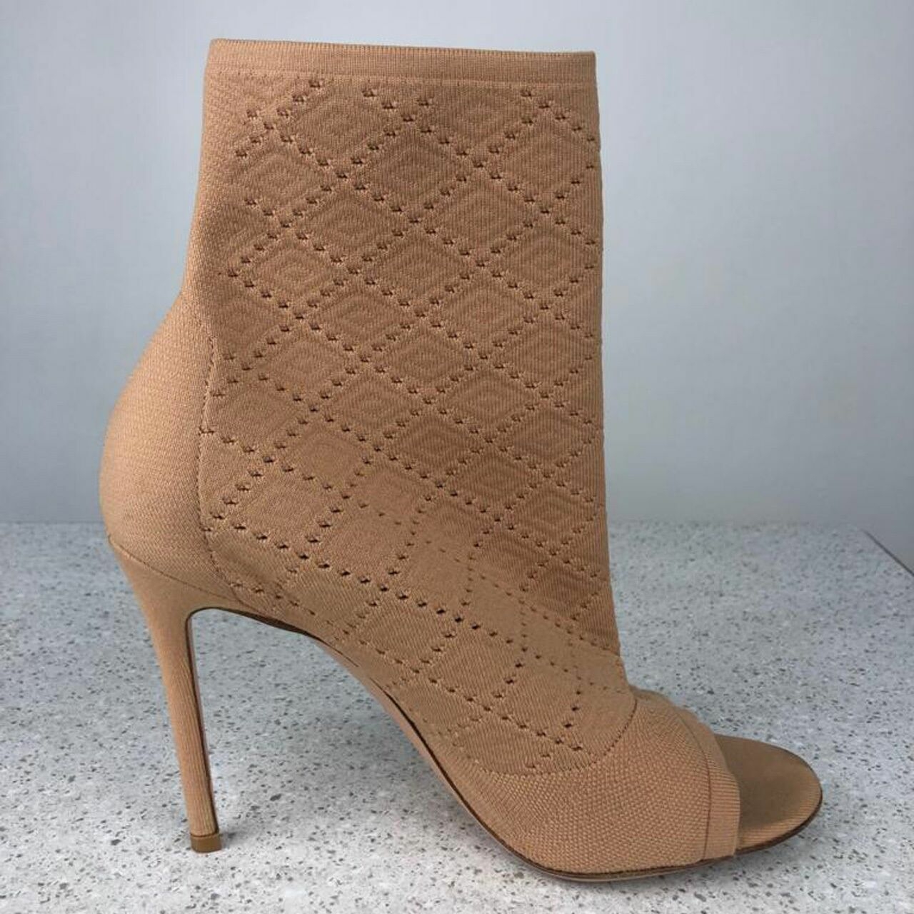 Gianvito Rossi Stretch Knit Booties Beige Open Toe High Heels Ankle Boots 