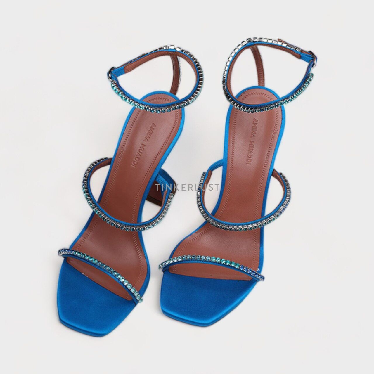AMINA MUADDI Women Gilda Silk Sandals 95mm in Blue Satin with Crystals