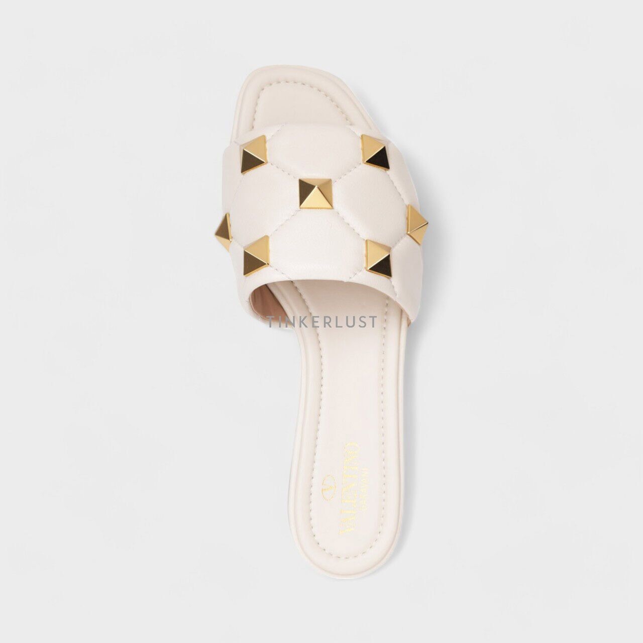 Valentino Garavani Women Roman Stud in Light Ivory Quilted Leather Slide Sandals