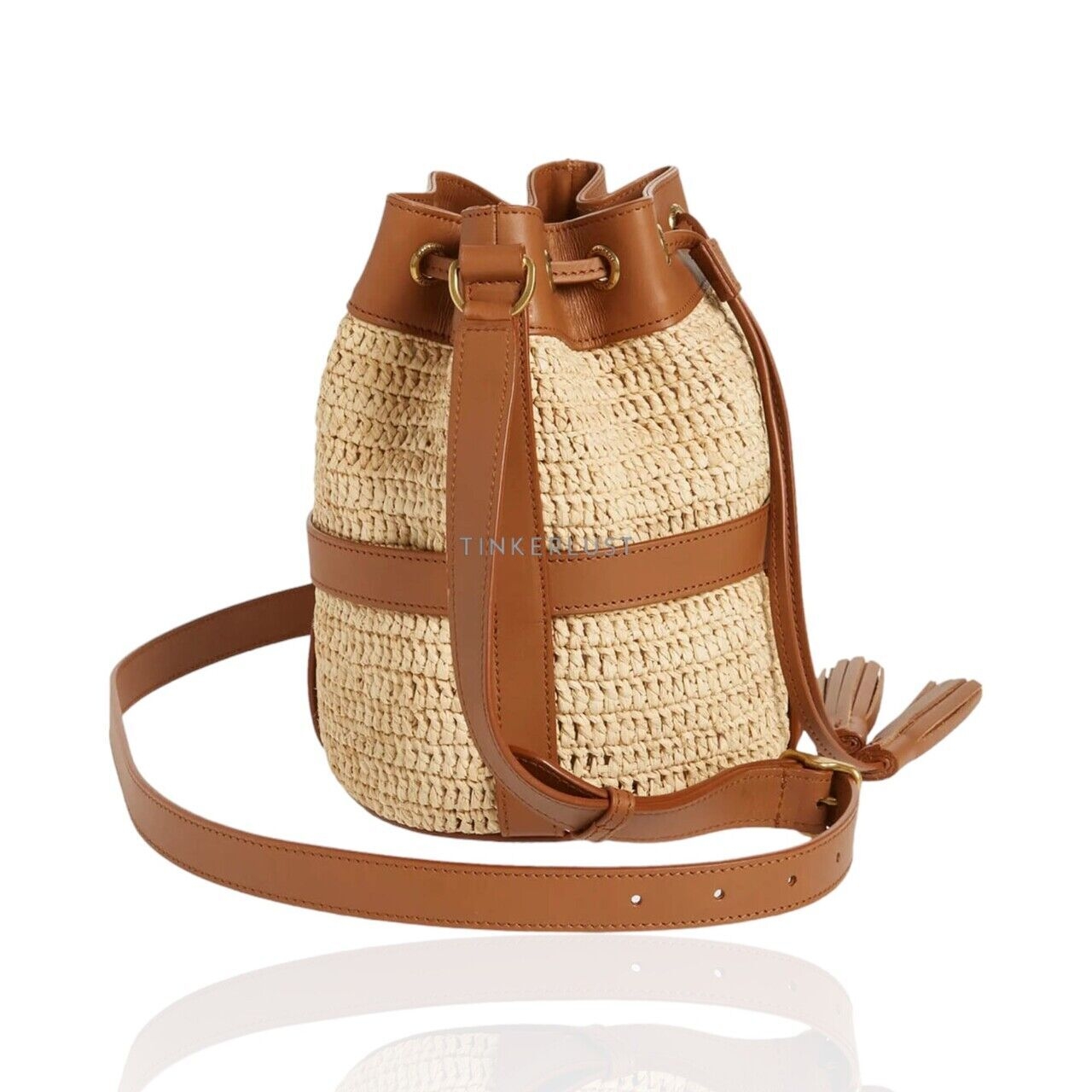 Saint Laurent in Natural/Brown Raffia x Calfskin Drawstring Bucket Bag 