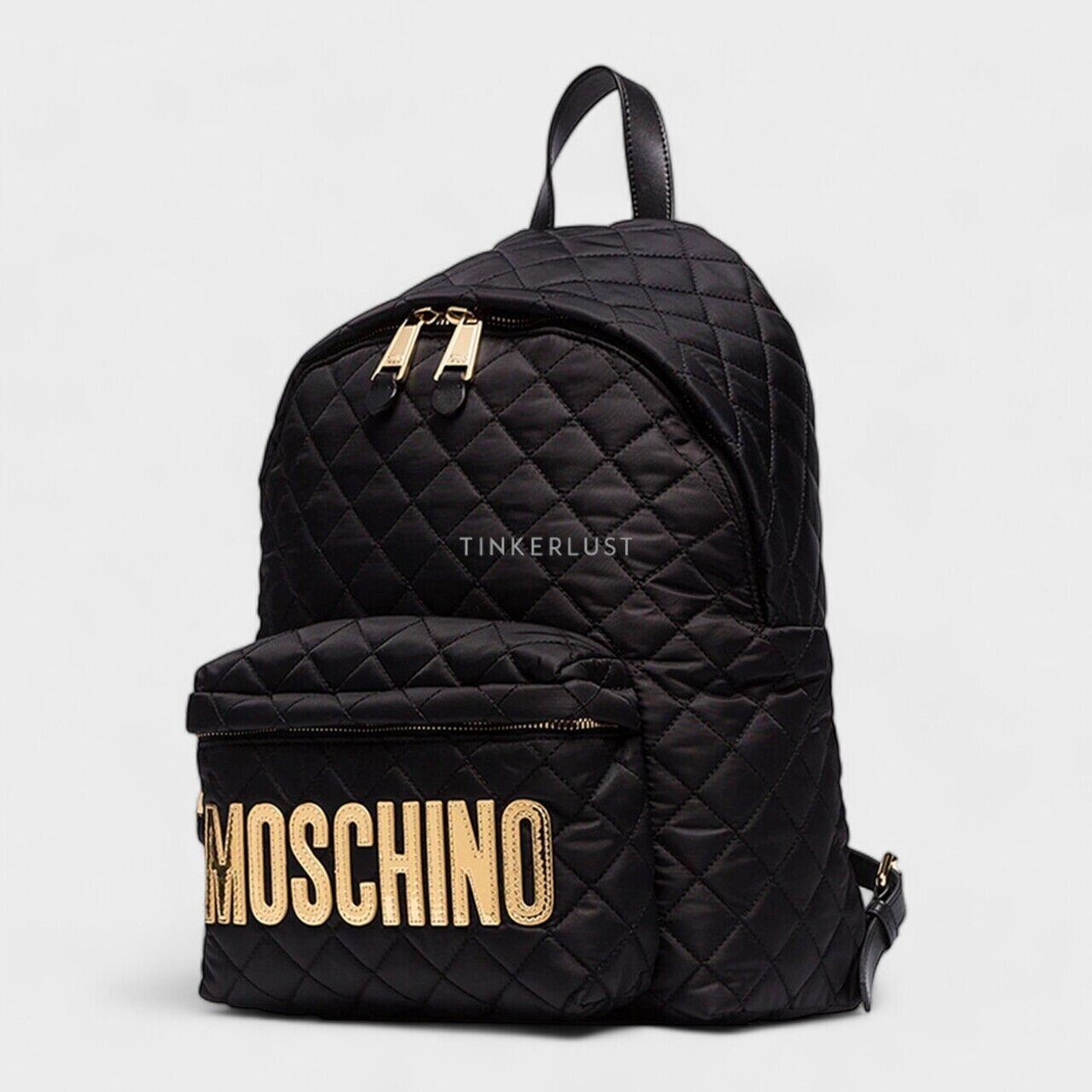 Moschino Men Medium Logo Quilred Nylon Backpack in Black with Gold Logo