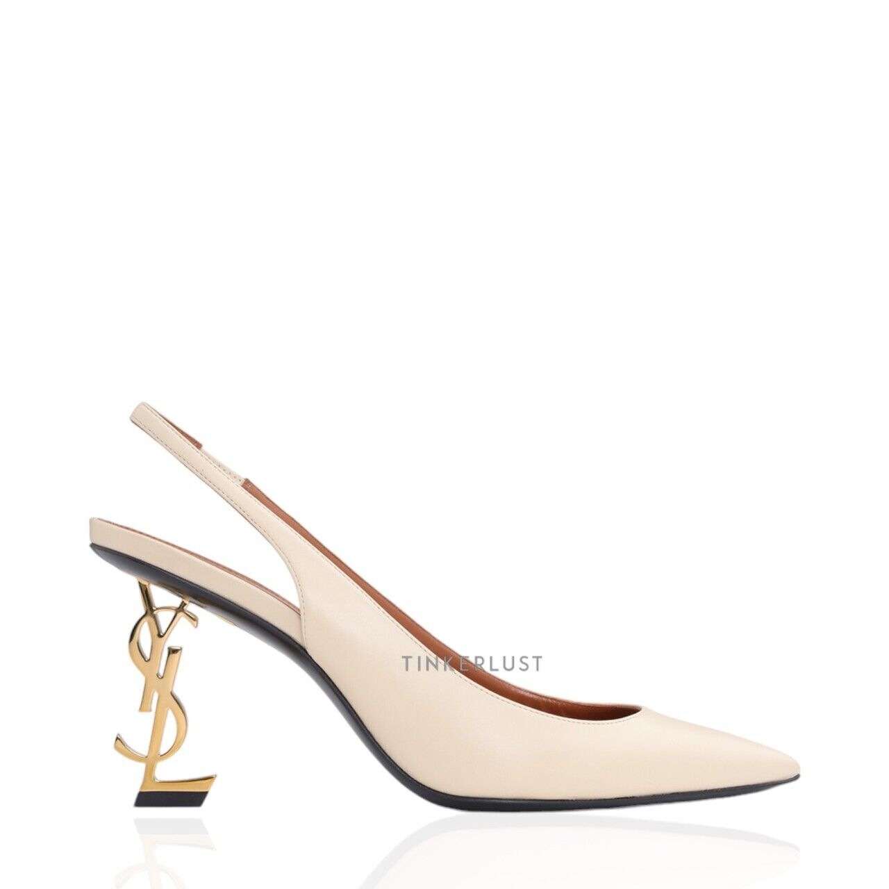 Saint Laurent Opyum Slingback Pump 85mm in Real Beige Smooth Leather with Gold Logo Heel