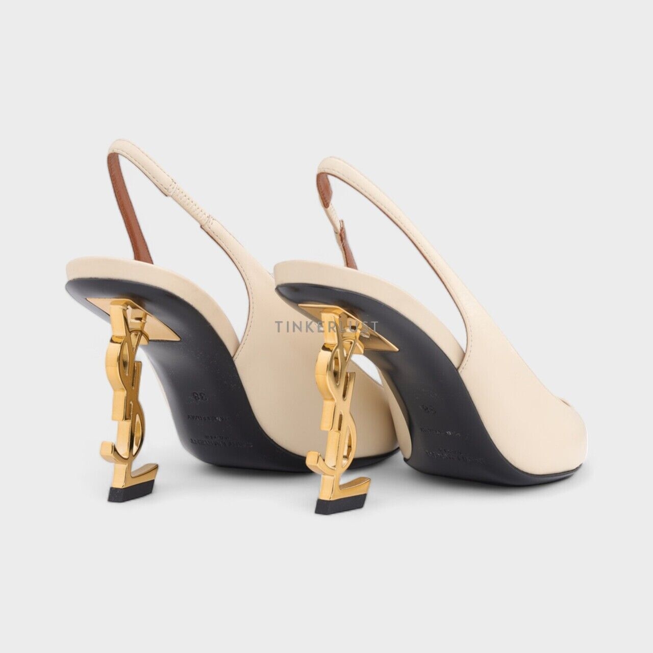 Saint Laurent Opyum Slingback Pump 85mm in Real Beige Smooth Leather with Gold Logo Heel